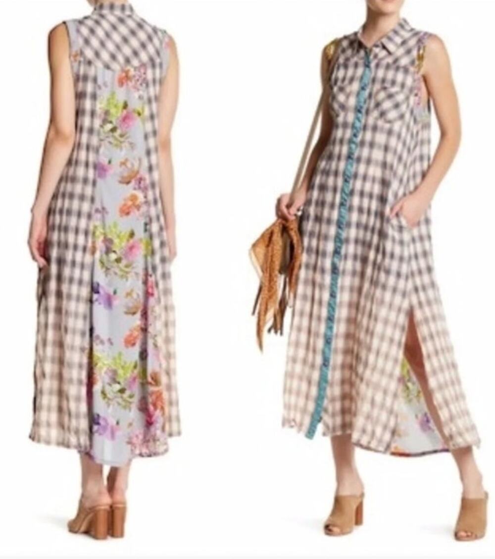 Aratta Silent Journey Mixed Media Plaid Floral Maxi Dress S